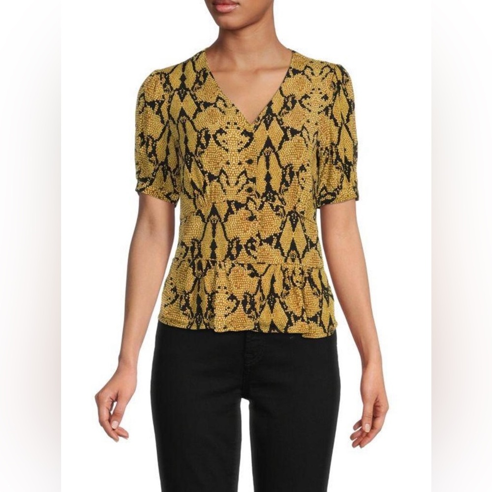 Catherine Malandrino Print‎ Puff Sleeve Top XS V Neck Button Down Snakeskin Y2K